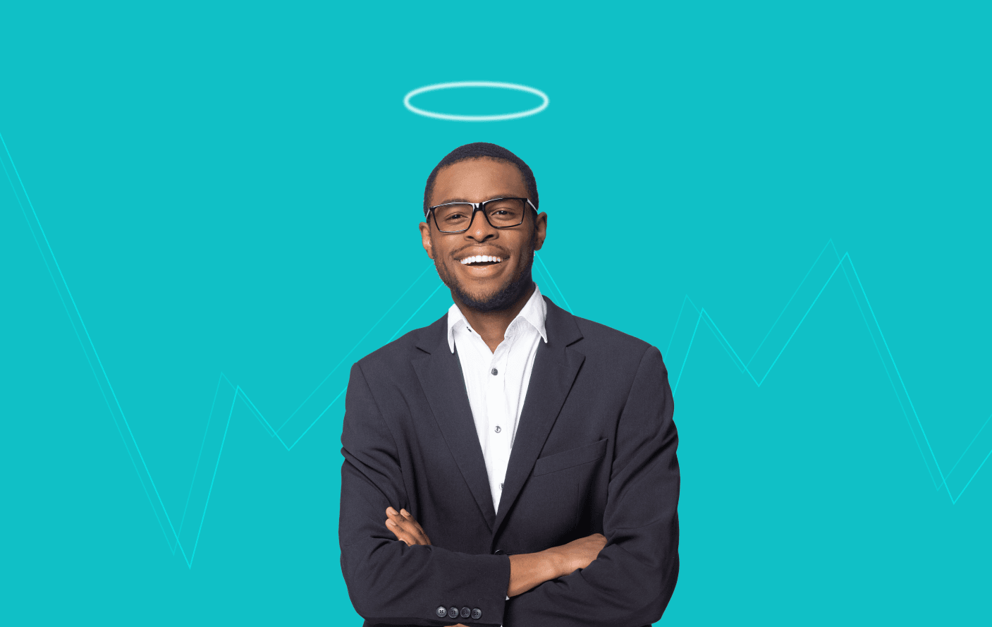 o que é investidor anjo e como ele pode ajudar a sua empresa! - Blog Gorila. descrição da imagem: homem negro investidor anjo usando terno com auréola na cabeça, fundo azul claro e linhas de gráficos representando o crescimento da empresa.