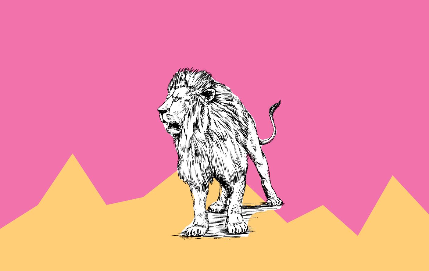 Leão em preto e branco em fundo laranja e rosa