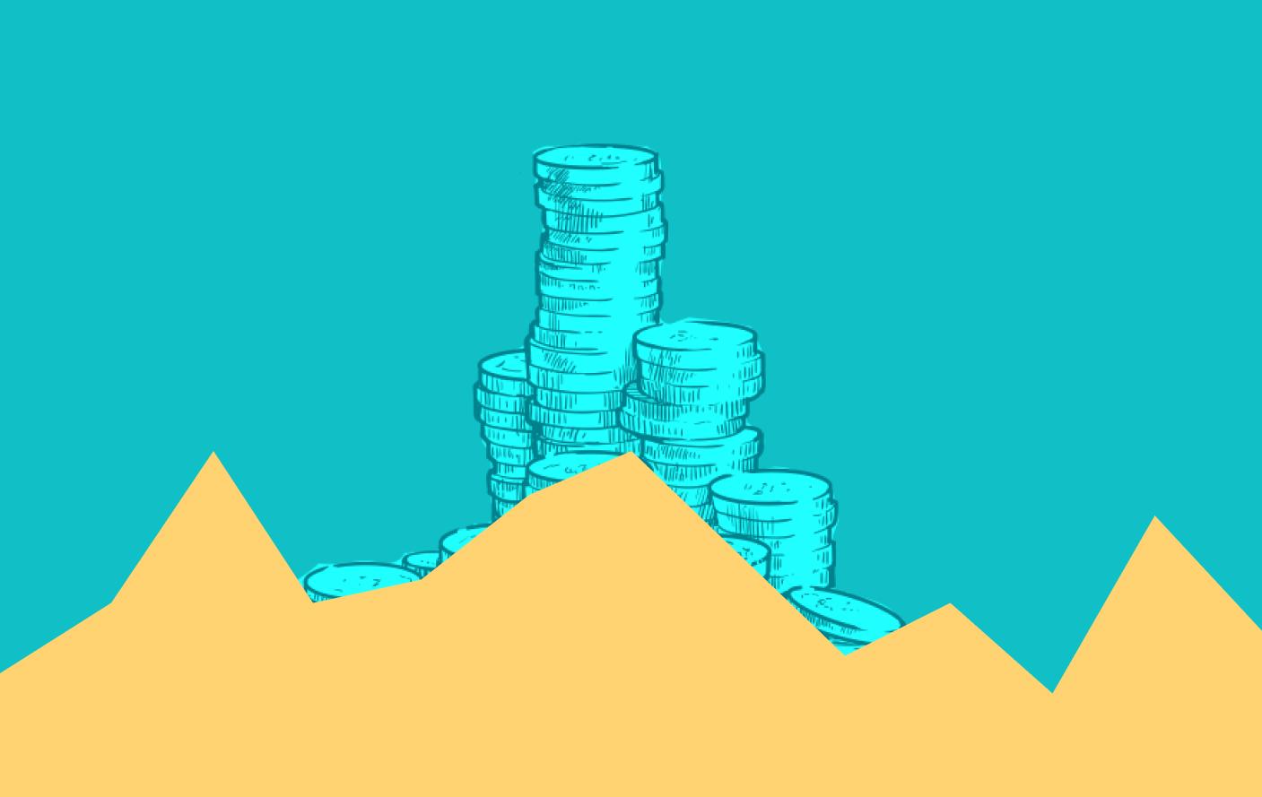 Arte azul com pilhas de moedas e gráficos